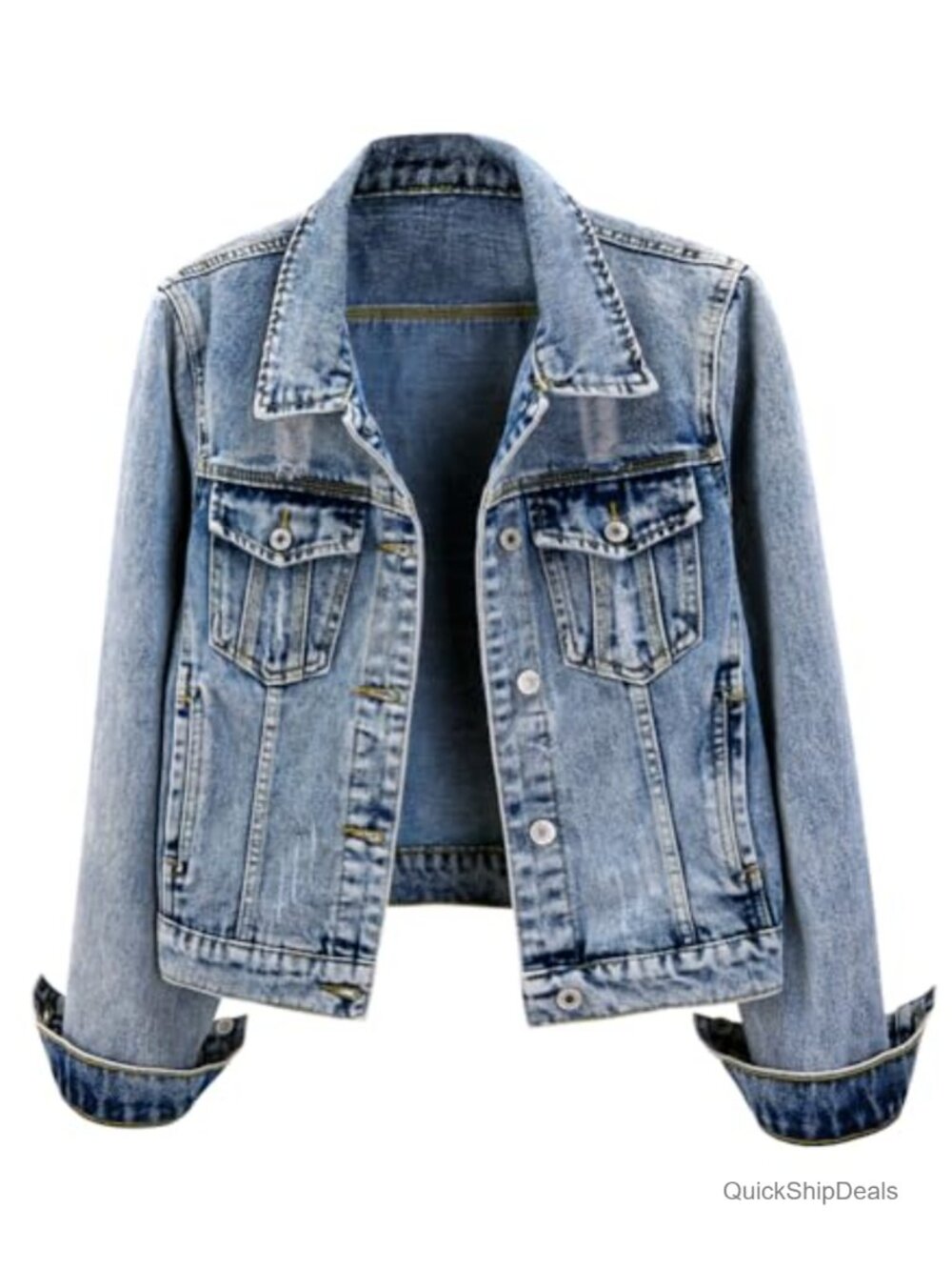 Womens Distressed Ripped Denim Jacket Long Sleeve Cropped Jean Coat